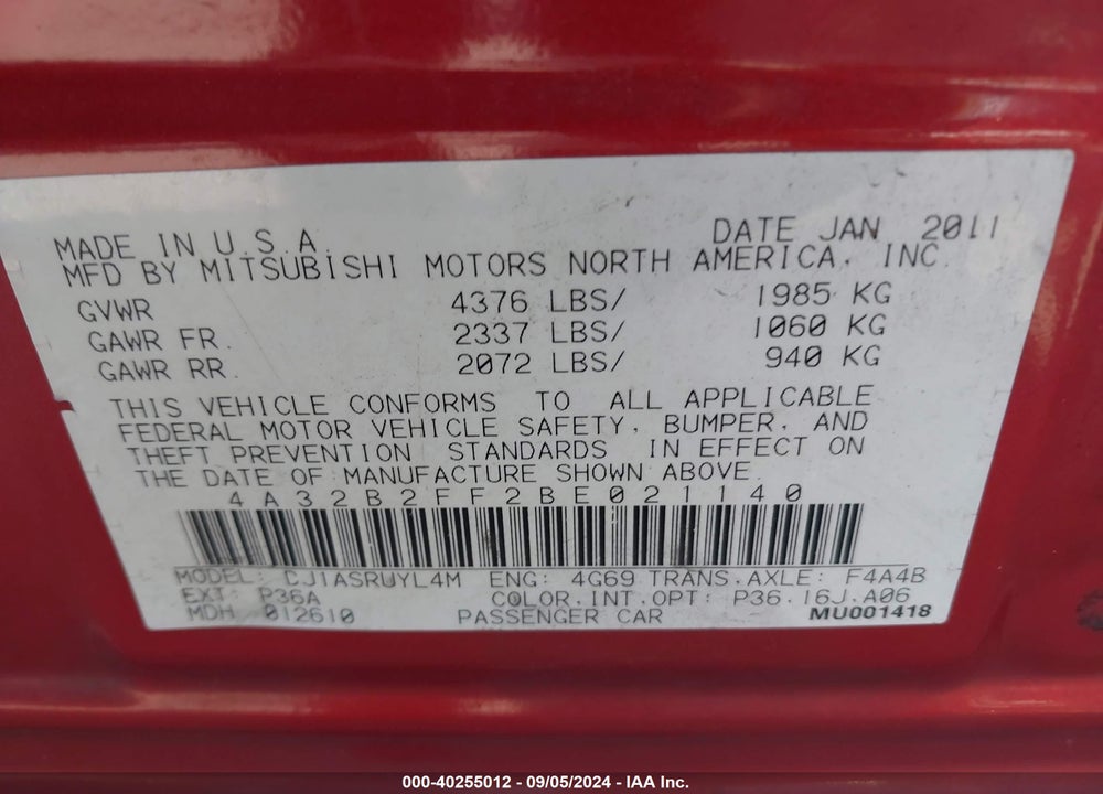 2011 MITSUBISHI GALANT VIN: 4A32B2FF2BE021140