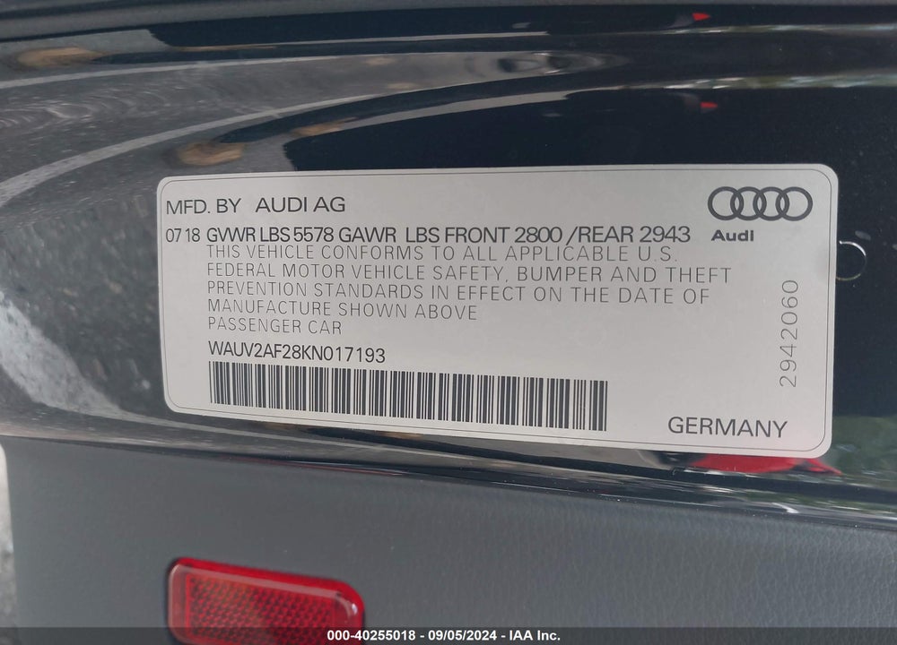 2019 AUDI A7 55 PREMIUM VIN: WAUV2AF28KN017193