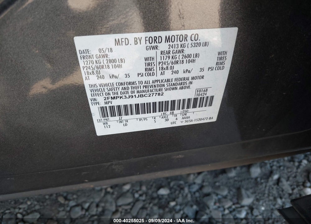 2018 FORD EDGE SEL VIN: 2FMPK3J91JBC27782
