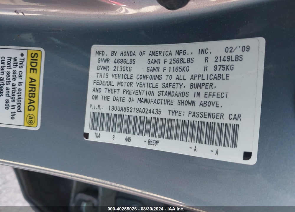 2009 ACURA TL 3.5 VIN: 19UUA86219A024435