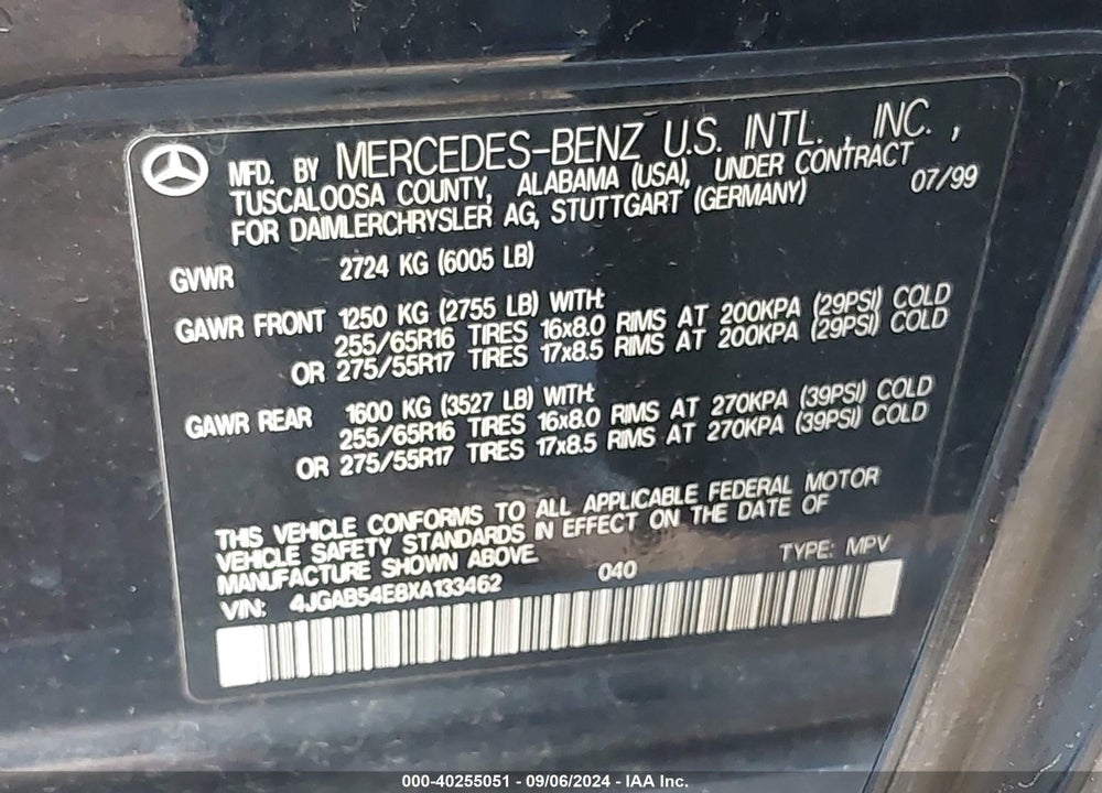1999 MERCEDES-BENZ ML 320 VIN: 4JGAB54E8XA133462