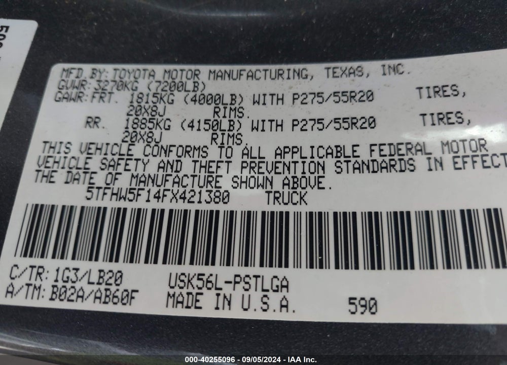 2015 TOYOTA TUNDRA LIMITED 5.7L V8 VIN: 5TFHW5F14FX421380