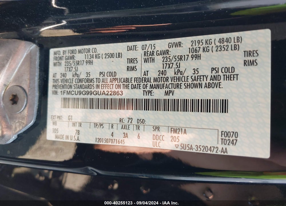 2016 FORD ESCAPE SE VIN: 1FMCU9G99GUA22863