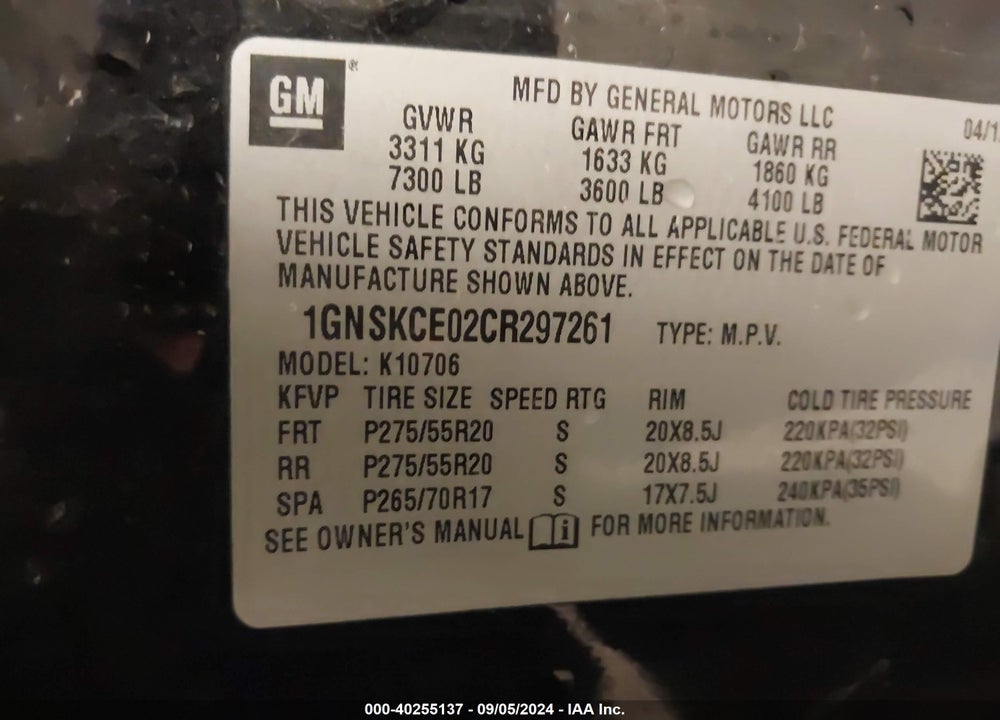 2012 CHEVROLET TAHOE LTZ VIN: 1GNSKCE02CR297261