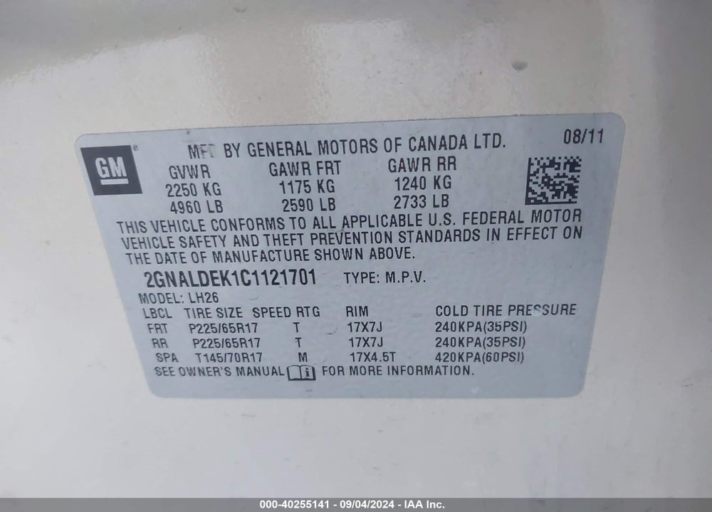 2012 CHEVROLET EQUINOX 1LT VIN: 2GNALDEK1C1121701