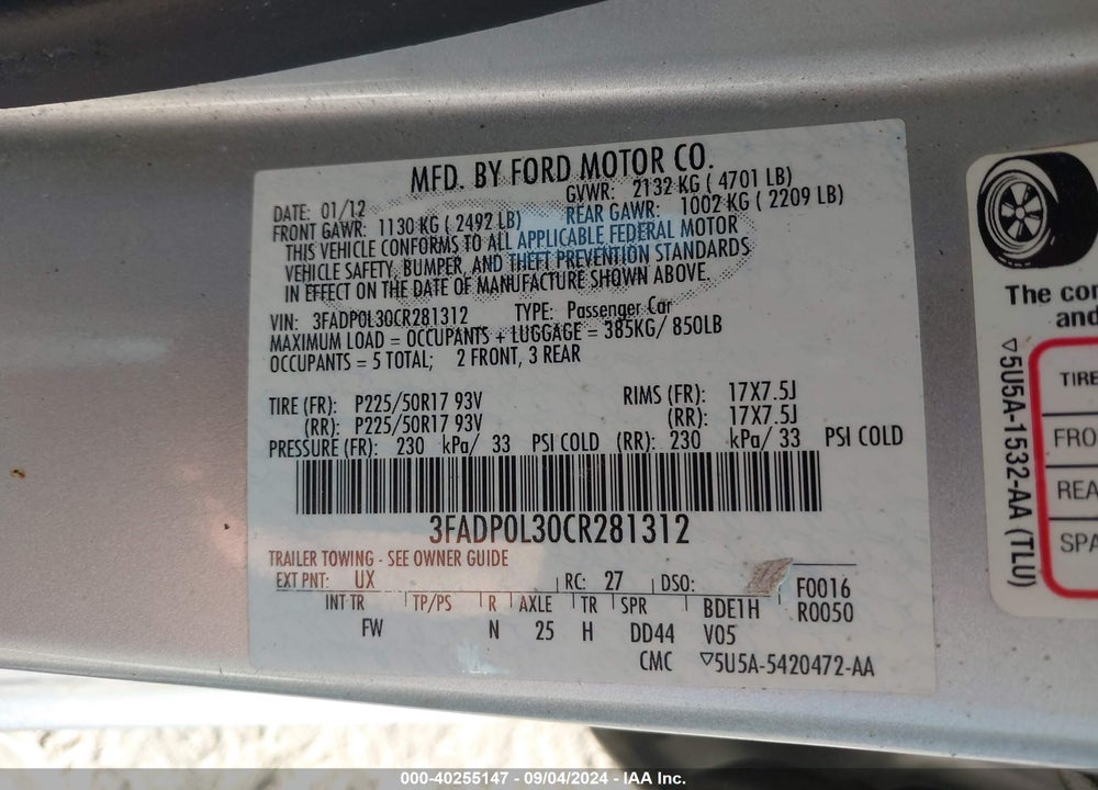 2012 FORD FUSION HYBRID VIN: 3FADP0L30CR281312