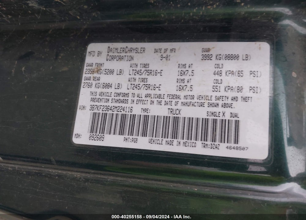 2002 DODGE RAM 2500 ST VIN: 3B7KF23642M224116