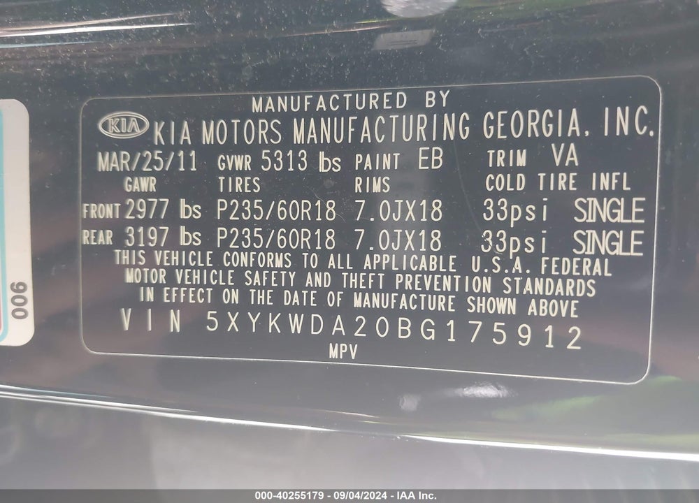 2011 KIA SORENTO SX V6 VIN: 5XYKWDA20BG175912