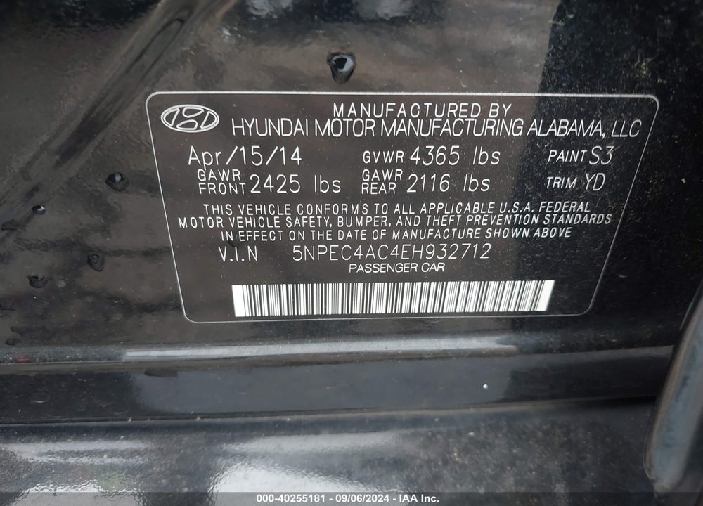 2014 HYUNDAI SONATA LIMITED VIN: 5NPEC4AC4EH932712