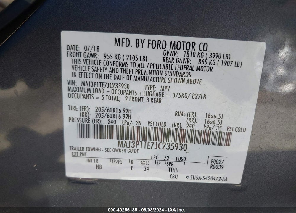 2018 FORD ECOSPORT SE VIN: MAJ3P1TE7JC235930