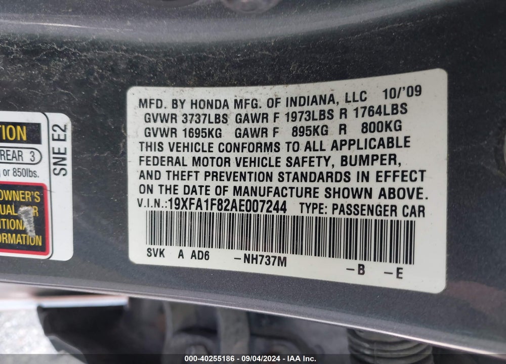 2010 HONDA CIVIC EX VIN: 19XFA1F82AE007244
