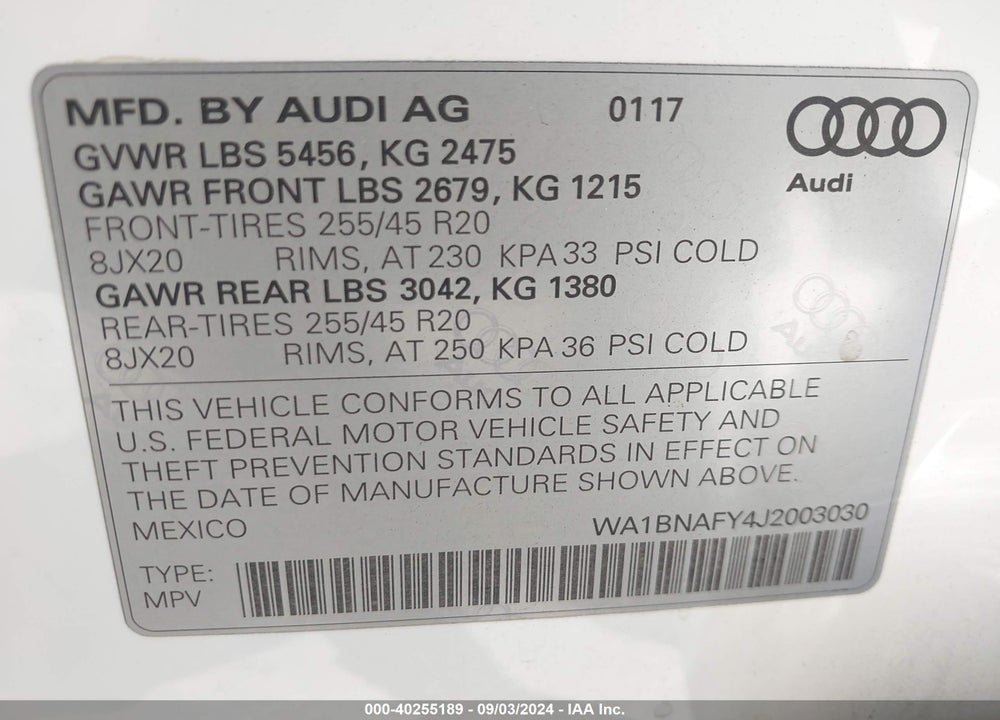 2018 AUDI Q5 2.0T PREMIUM/2.0T TECH PREMIUM VIN: WA1BNAFY4J2003030