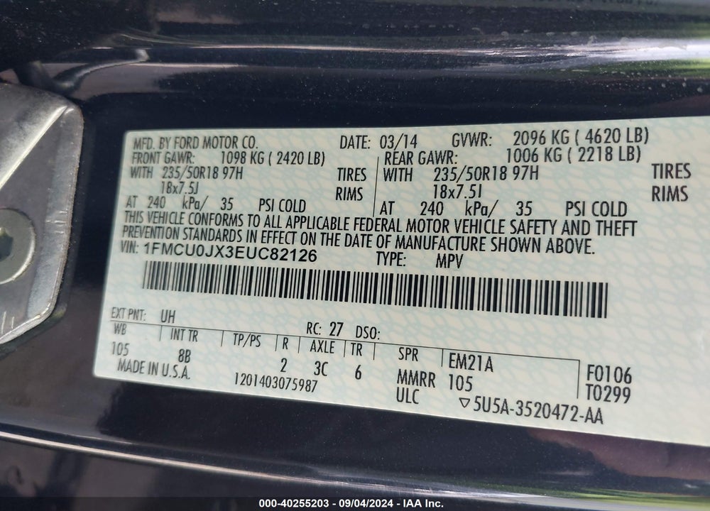 2014 FORD ESCAPE TITANIUM VIN: 1FMCU0JX3EUC82126