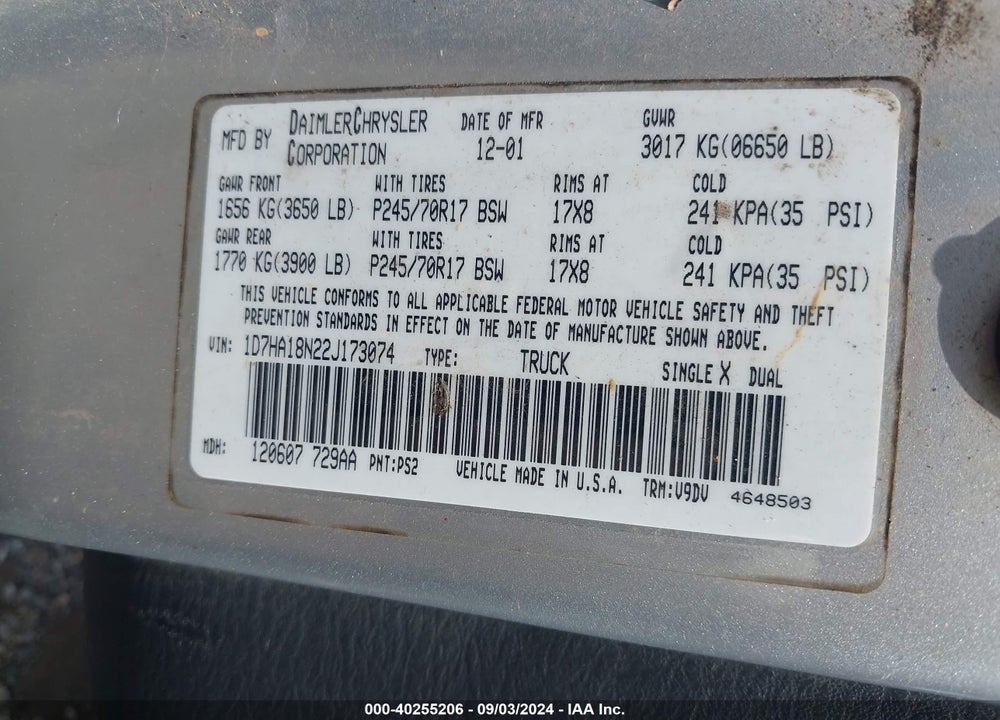 2002 DODGE RAM 1500 SLT VIN: 1D7HA18N22J173074