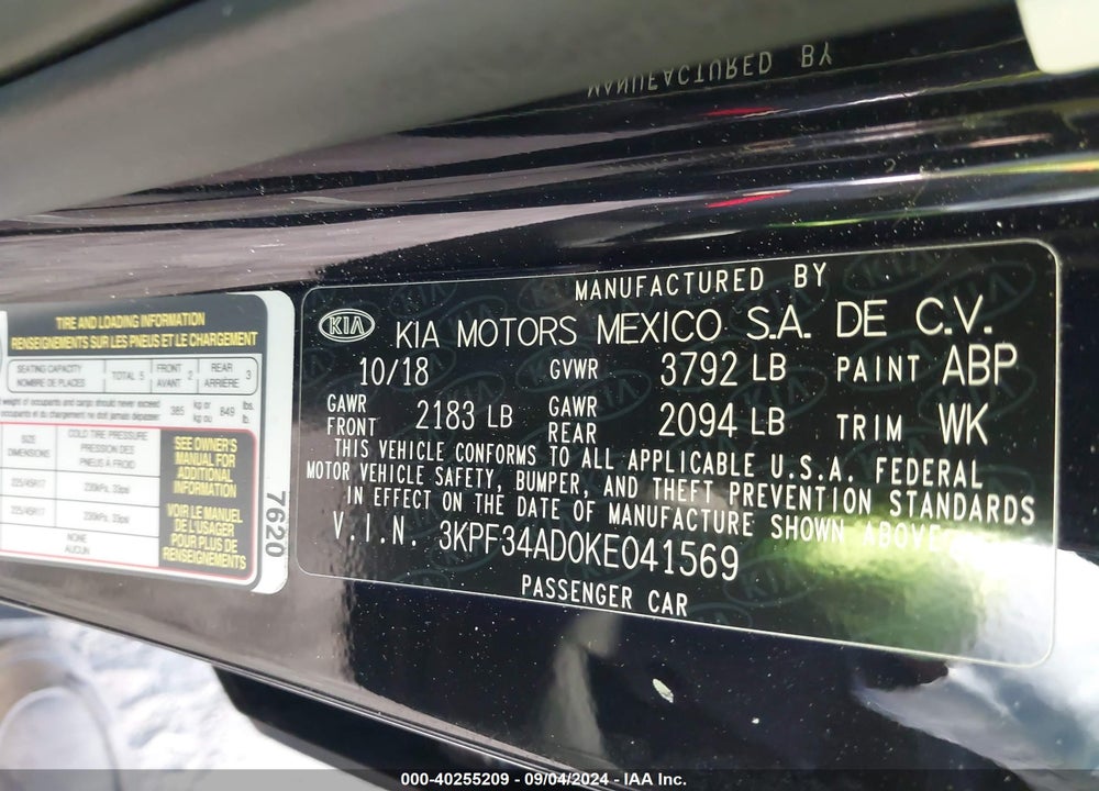 2019 KIA FORTE S VIN: 3KPF34AD0KE041569