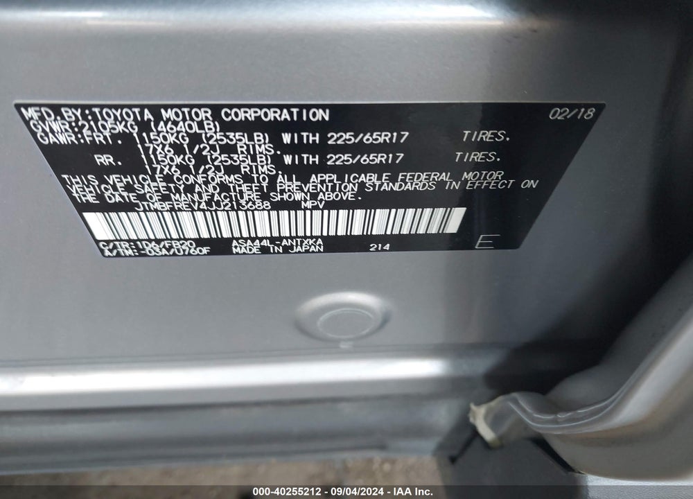 2018 TOYOTA RAV4 LE VIN: JTMBFREV4JJ213688