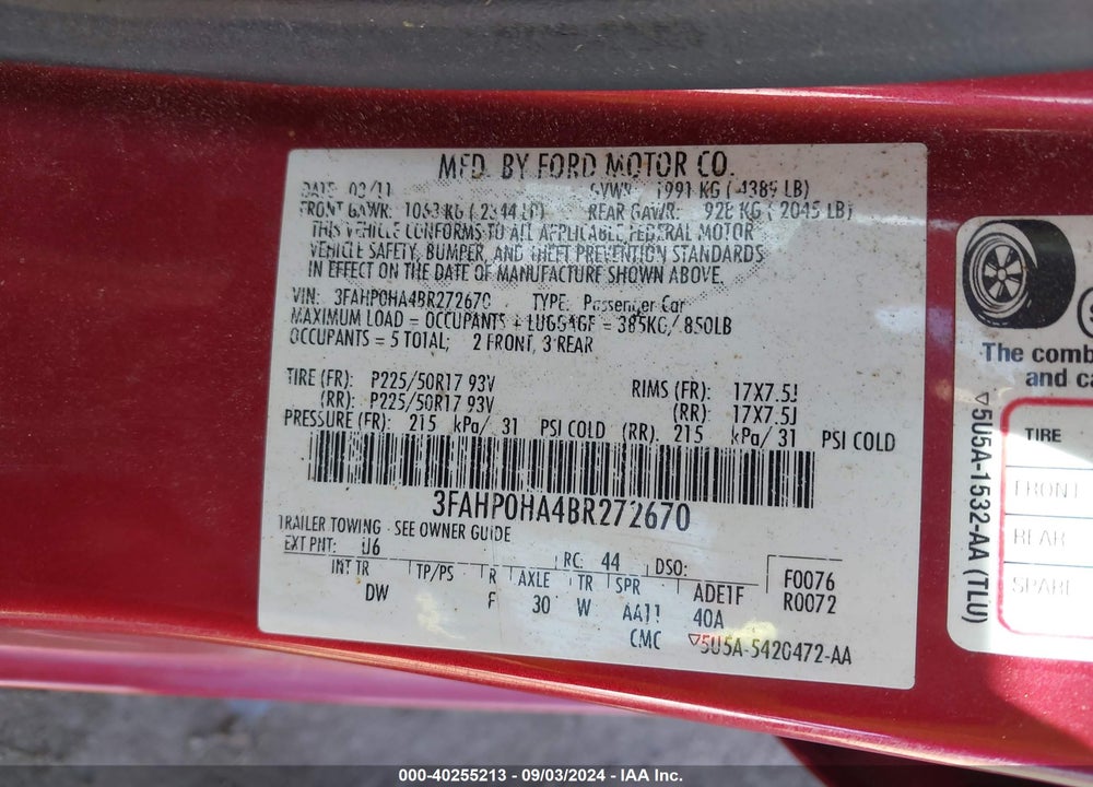 2011 FORD FUSION SE VIN: 3FAHP0HA4BR272670