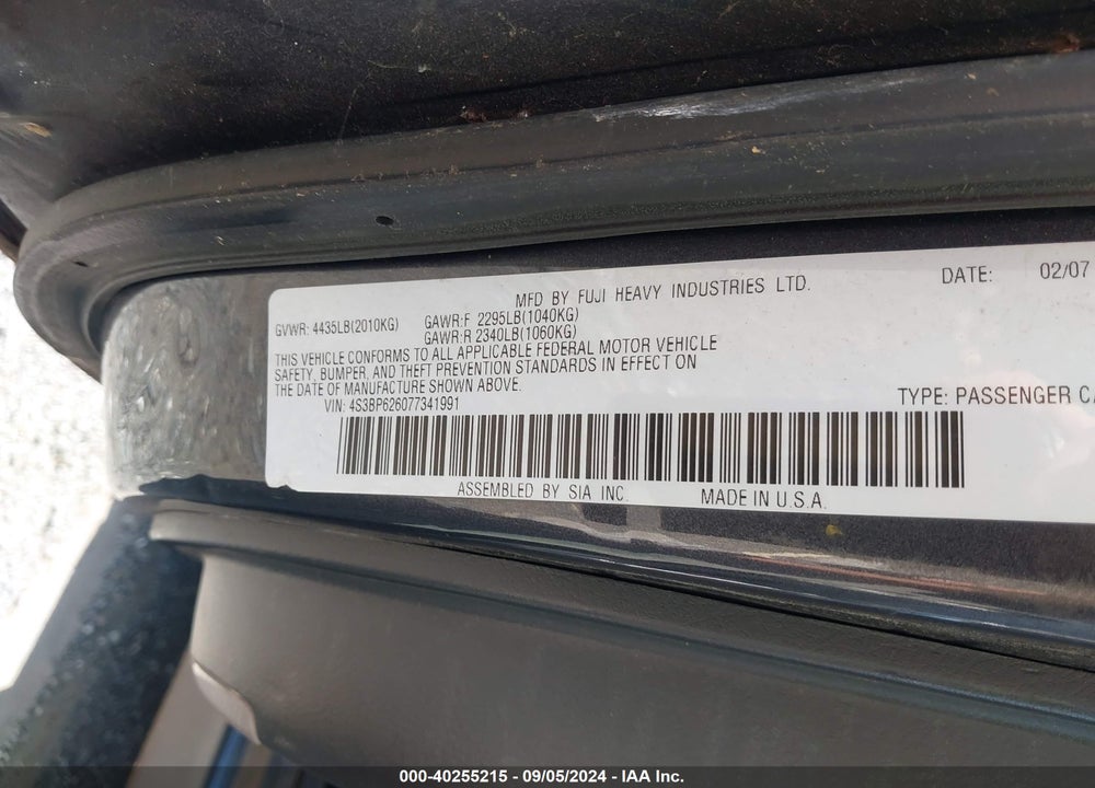 2007 SUBARU LEGACY 2.5I VIN: 4S3BP626077341991