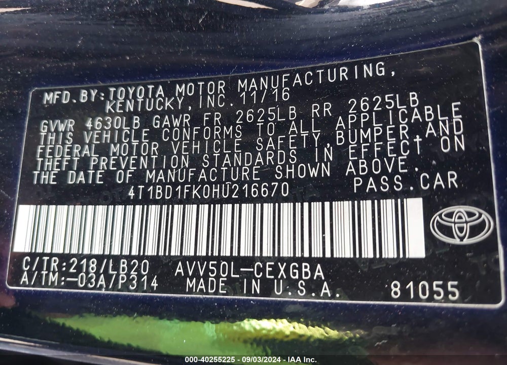 2017 TOYOTA CAMRY HYBRID XLE VIN: 4T1BD1FK0HU216670
