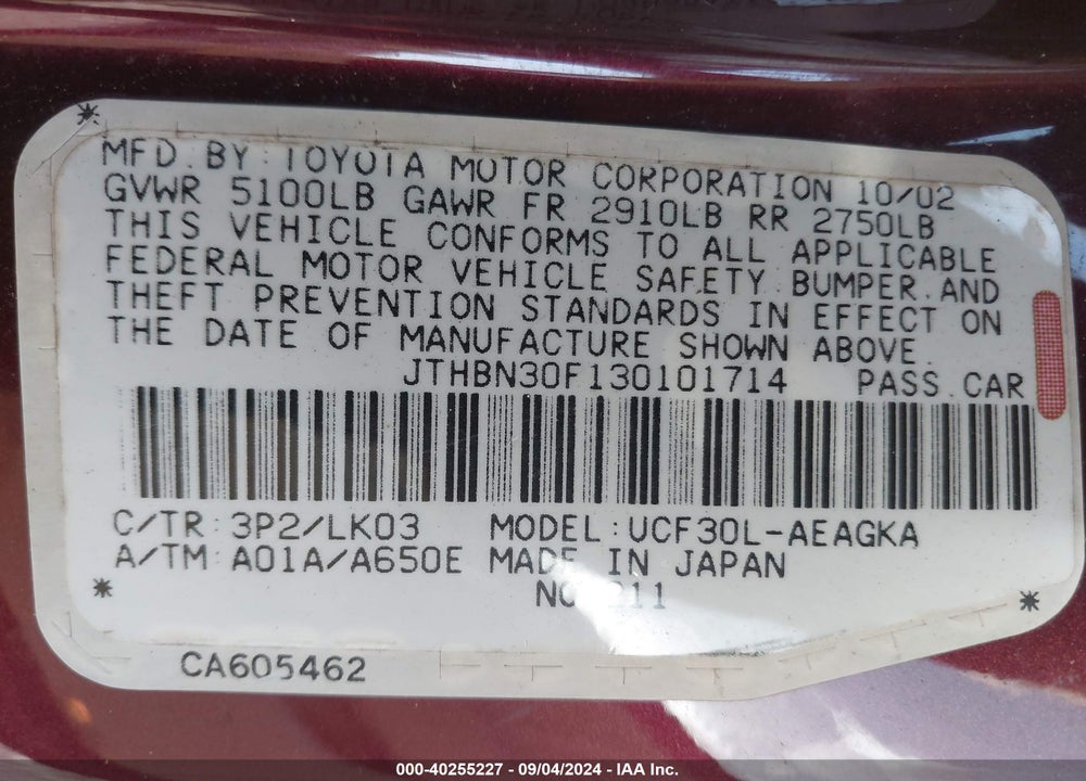 2003 LEXUS LS 430 VIN: JTHBN30F130101714