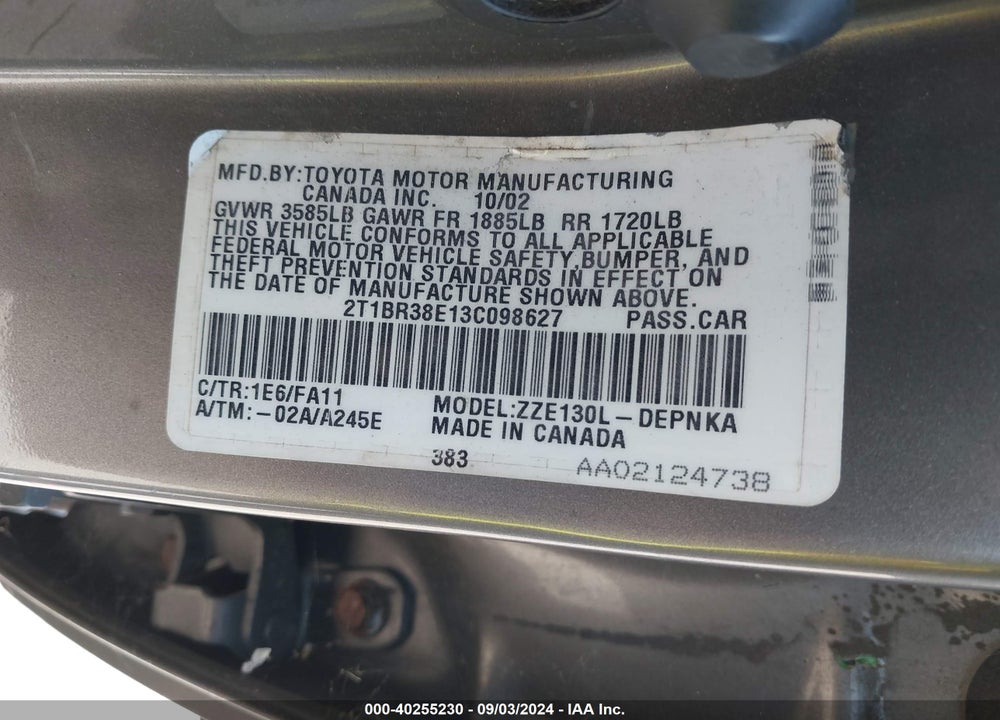 2003 TOYOTA COROLLA LE VIN: 2T1BR38E13C098627