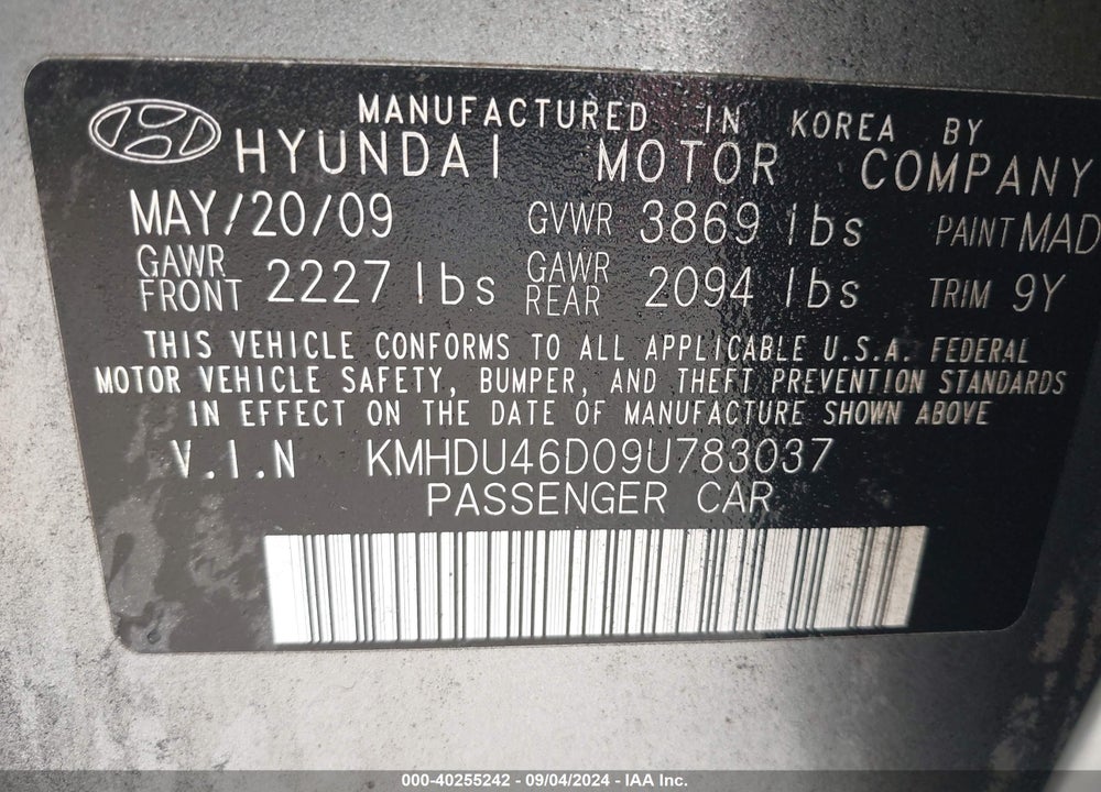 2009 HYUNDAI ELANTRA GLS VIN: KMHDU46D09U783037