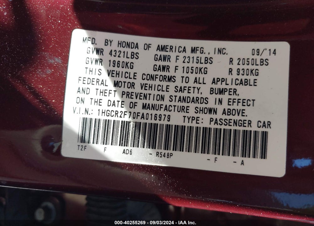 2015 HONDA ACCORD EX VIN: 1HGCR2F70FA016979