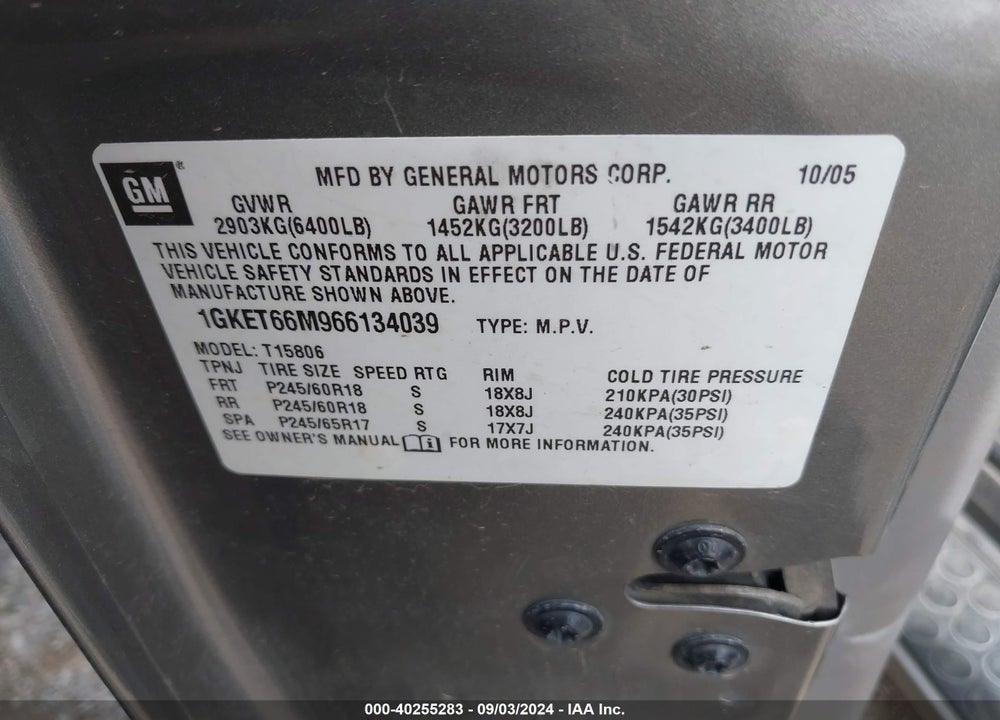 2006 GMC ENVOY XL DENALI VIN: 1GKET66M966134039