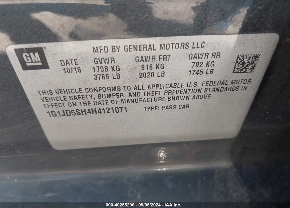 2017 CHEVROLET SONIC VIN: 1G1JD5SH4H4121071