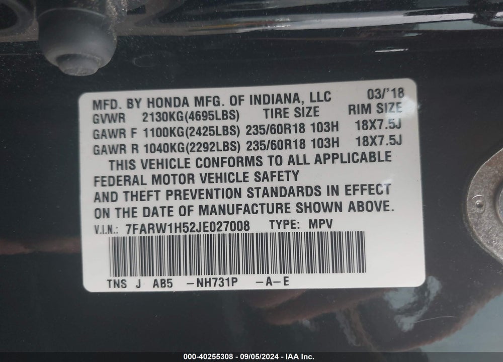 2018 HONDA CR-V EX VIN: 7FARW1H52JE027008