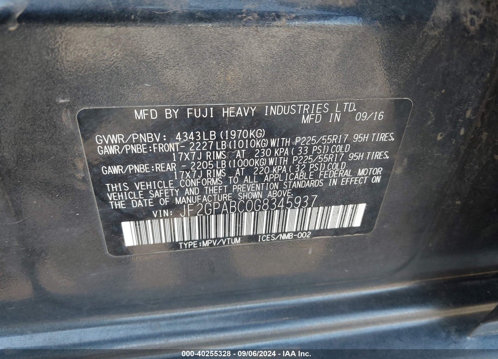 2016 SUBARU CROSSTREK 2.0I PREMIUM VIN: JF2GPABC0G8345937