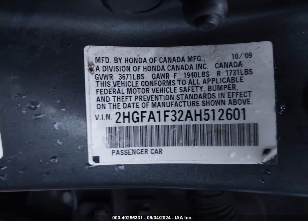 2010 HONDA CIVIC VP VIN: 2HGFA1F32AH512601