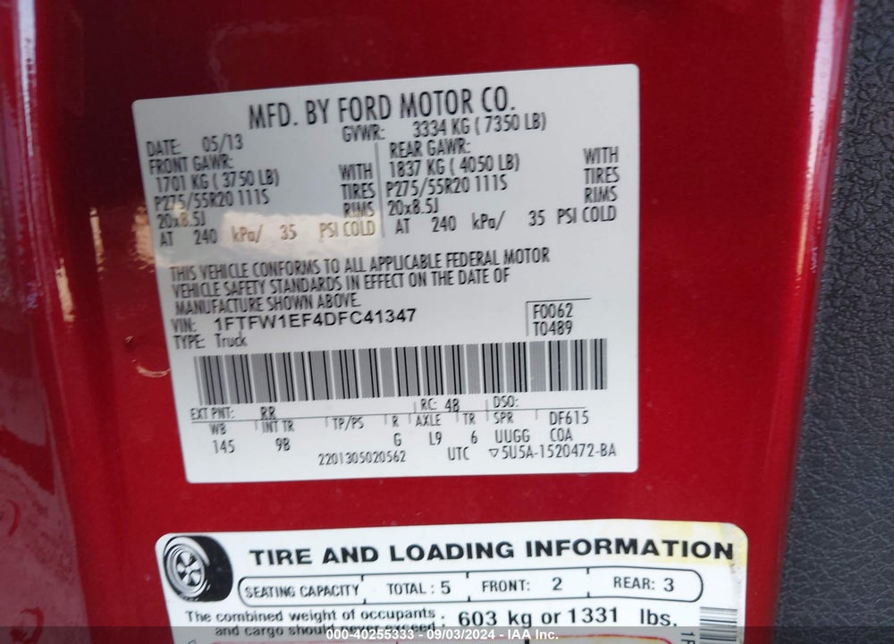 2013 FORD F-150 PLATINUM VIN: 1FTFW1EF4DFC41347