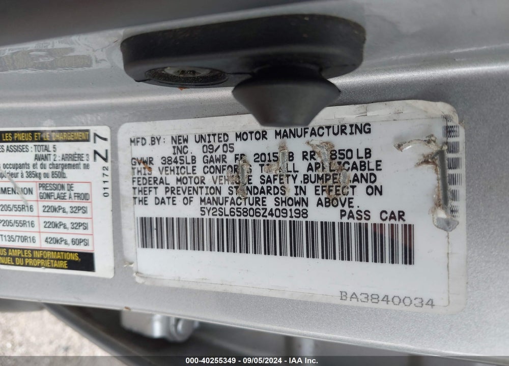 2006 PONTIAC VIBE VIN: 5Y2SL65806Z409198