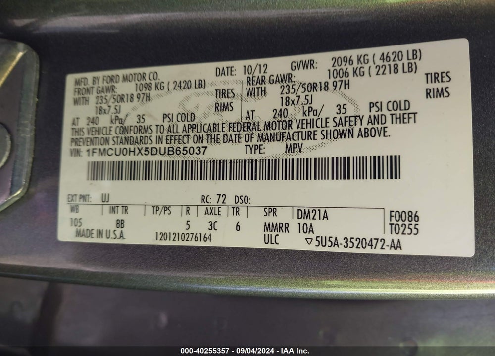 2013 FORD ESCAPE VIN: 1FMCU0HX5DUB65037