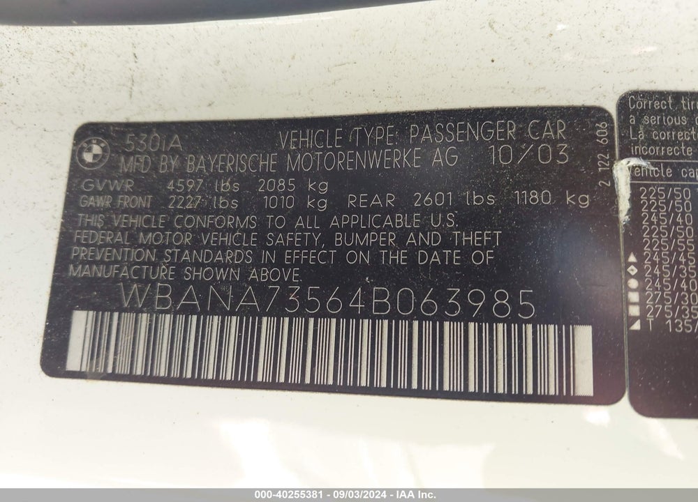 2004 BMW 530I VIN: WBANA73564B063985