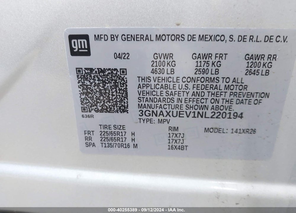 2022 CHEVROLET EQUINOX AWD LT VIN: 3GNAXUEV1NL220194