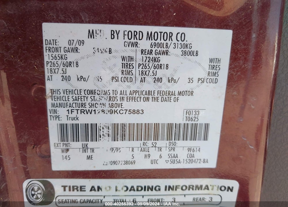 2009 FORD F-150 XL/XLT VIN: 1FTRW12899KC75883