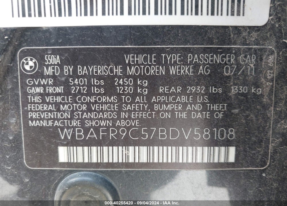 2011 BMW 550I VIN: WBAFR9C57BDV58108