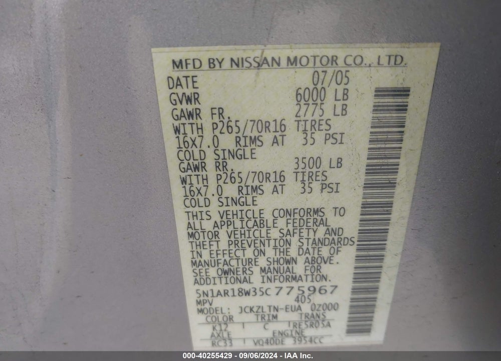 2005 NISSAN PATHFINDER SE VIN: 5N1AR18W35C775967