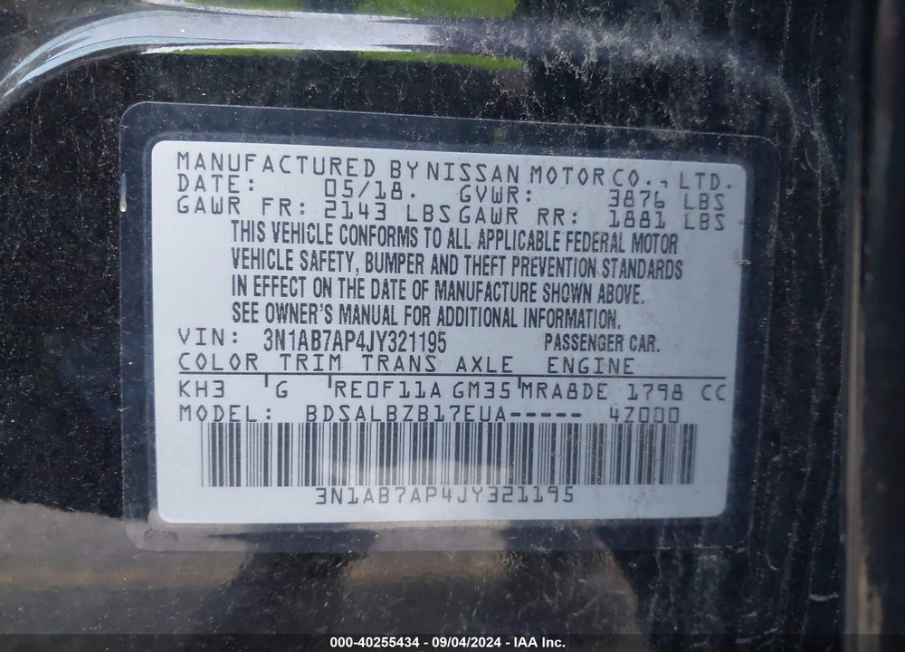 2018 NISSAN SENTRA S VIN: 3N1AB7AP4JY321195