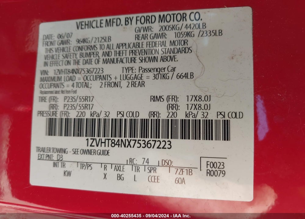 2007 FORD MUSTANG V6 DELUXE/V6 PREMIUM VIN: 1ZVHT84NX75367223