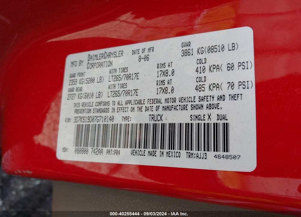 2007 DODGE RAM 1500 SLT VIN: 3D7KS19D07G710140