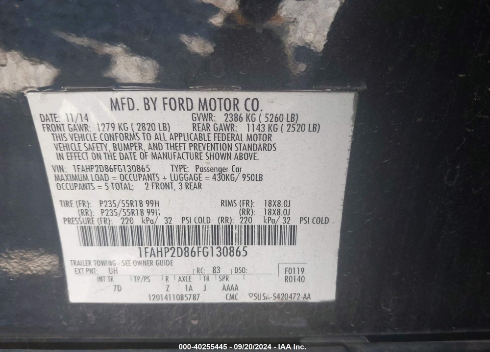 2015 FORD TAURUS SE VIN: 1FAHP2D86FG130865