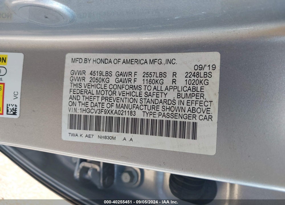 2019 HONDA ACCORD HYBRID TOURING VIN: 1HGCV3F9XKA021183