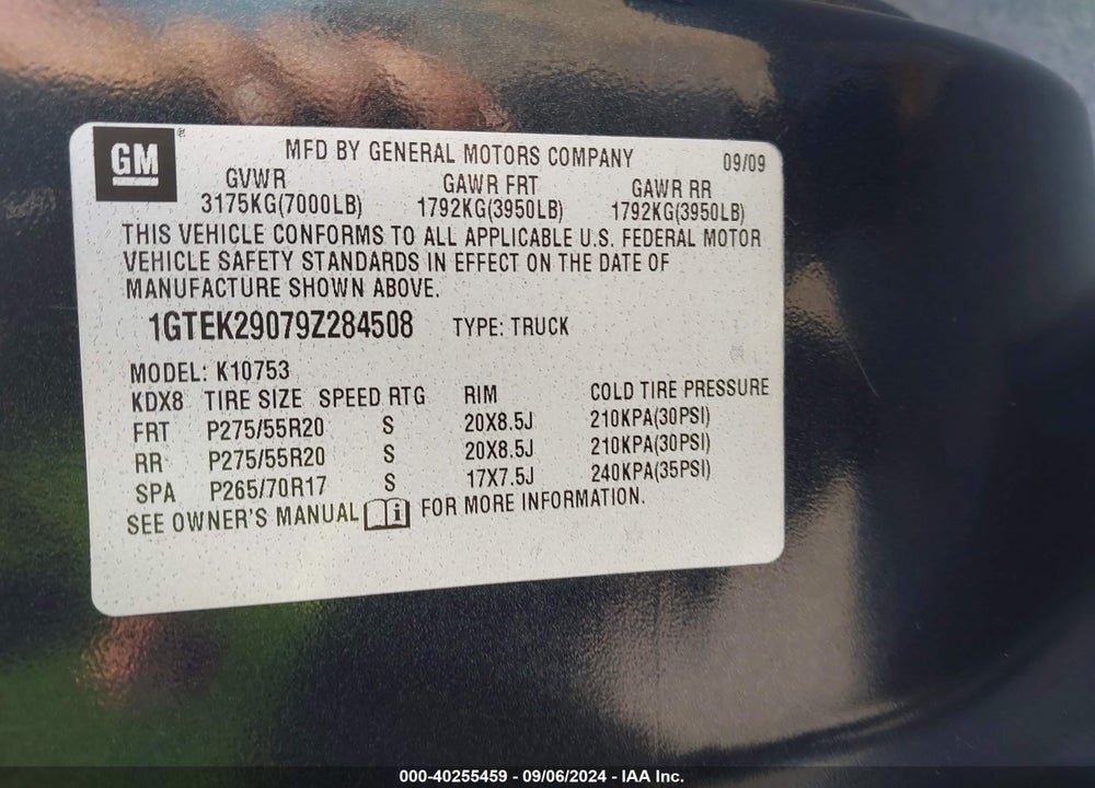 2009 GMC SIERRA 1500 SLE VIN: 1GTEK29079Z284508