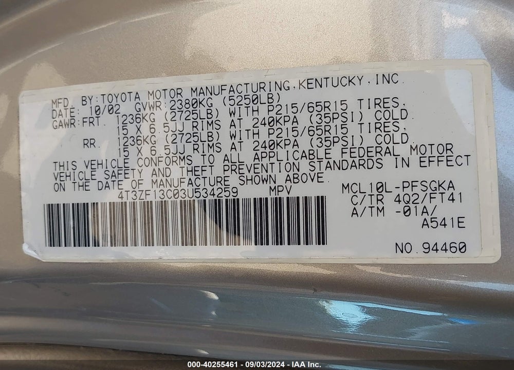 2003 TOYOTA SIENNA VIN: 4T3ZF13C03U534259