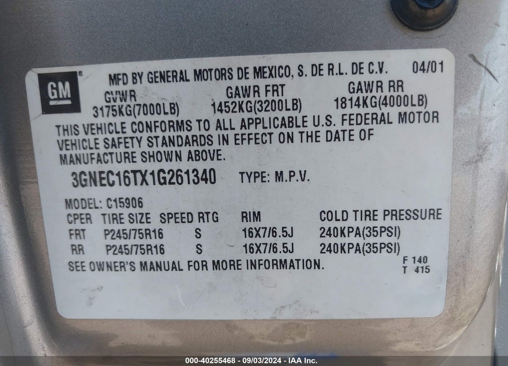 2001 CHEVROLET SUBURBAN 1500 LS VIN: 3GNEC16TX1G261340