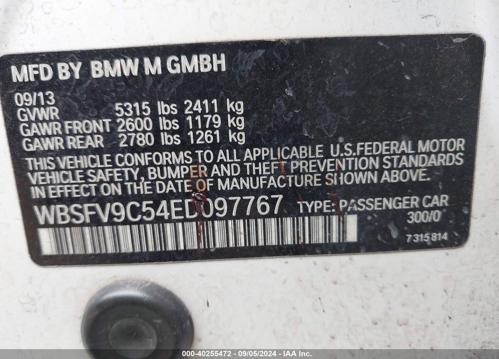 2014 BMW M5 VIN: WBSFV9C54ED097767