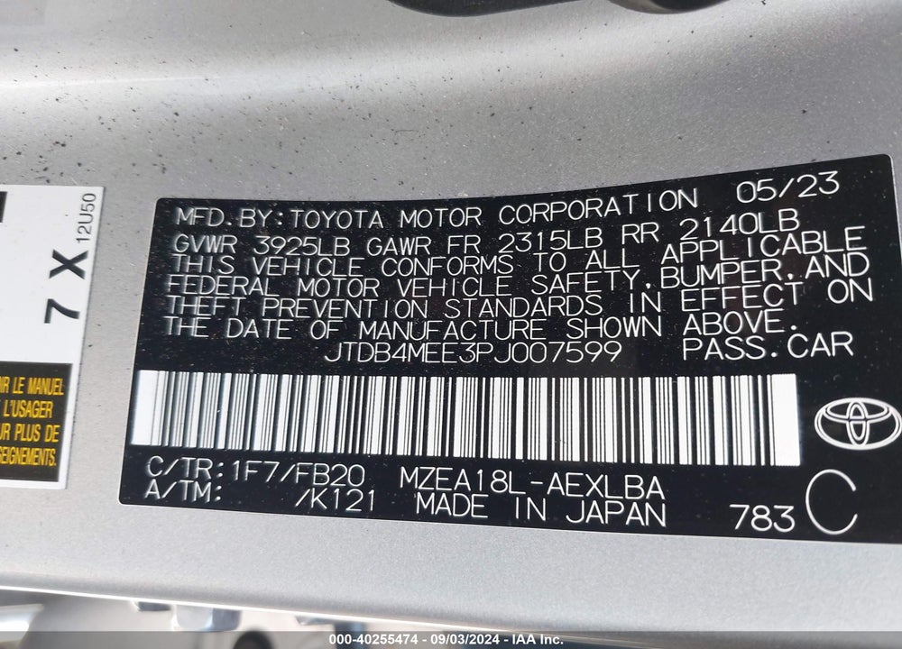 2023 TOYOTA COROLLA LE VIN: JTDB4MEE3PJ007599